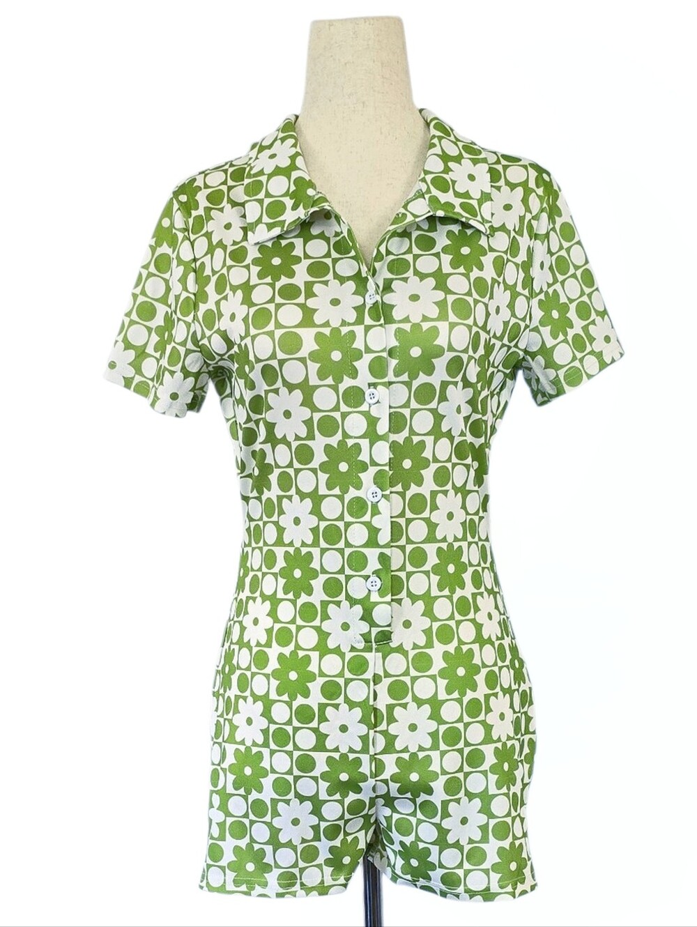 1960s Print Romper 60s Inspired Shorts Flower Power Green White XS Small Daisies